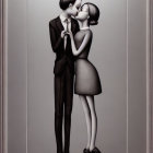 Illustration of tall man and shorter woman kissing in black and white.