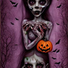 Figures with skeletal face paint and Halloween pumpkins in dark, eerie setting.
