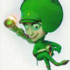 Child with oversized green alien head and suit holding futuristic device in digital artwork