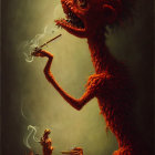 Surreal red-skinned creature with exposed brain and cigarette by table