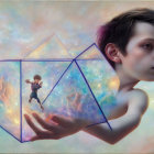 Child Holding Transparent Geometric Shapes with Cosmic Scene