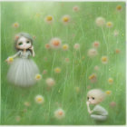 Ethereal fantasy image: Two pale girls with silver hair in green meadow