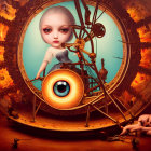 Surreal artwork: Large eye in clock with gears, flames, doll figure & detached hand