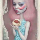 Colorful surreal painting of girl with pink hair and exaggerated eyes holding rainbow donut.
