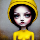 Stylized doll-like character with large eyes and yellow hood in rain-dappled effect