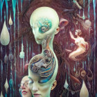 Surreal portrait featuring bald figure with sea creatures and swirling patterns
