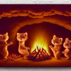 Anthropomorphic meerkats in a burrow with fire - one holding firewood, one st