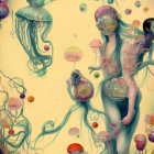 Surreal painting of humanoid figure with jellyfish creatures in dreamy multicolored backdrop