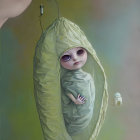 Surreal painting of hand holding cocoon with humanoid inside