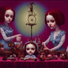 Identical Red-Haired Girls in Blue Dresses Surrounded by Mechanical Objects and Doll Heads