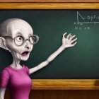 Exaggerated teacher caricature by chalkboard with math equations