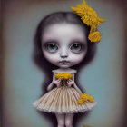 Stylized wide-eyed girl with yellow flower in hair and frilly dress against muted background