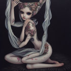 Seated female figure with decorative headpiece and tattoos in surreal illustration
