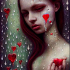 Portrait of Woman with Pale Skin and Red Hair Crying in Raindrops and Hearts