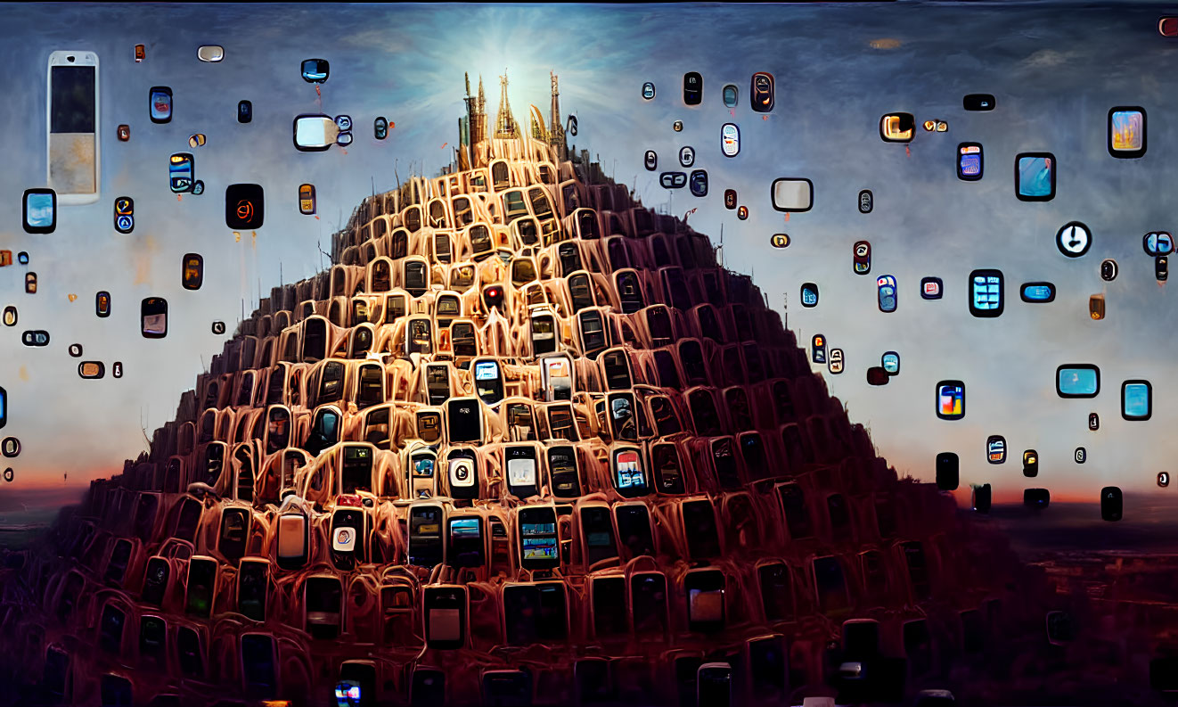 Dystopian artwork of mountain TVs and floating smartphones