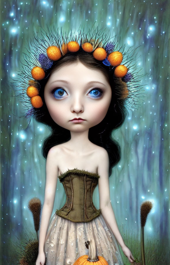 Stylized portrait of girl with big blue eyes and fruit headdress against starry backdrop