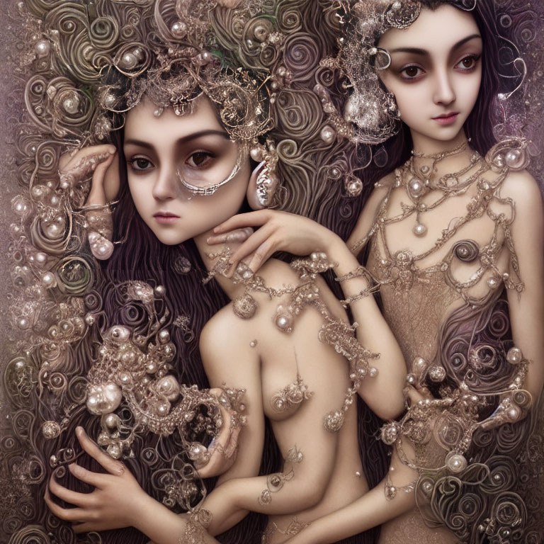 Fantasy illustration: Two figures in ornate headdresses and intricate jewelry amid swirling patterns and earth tones