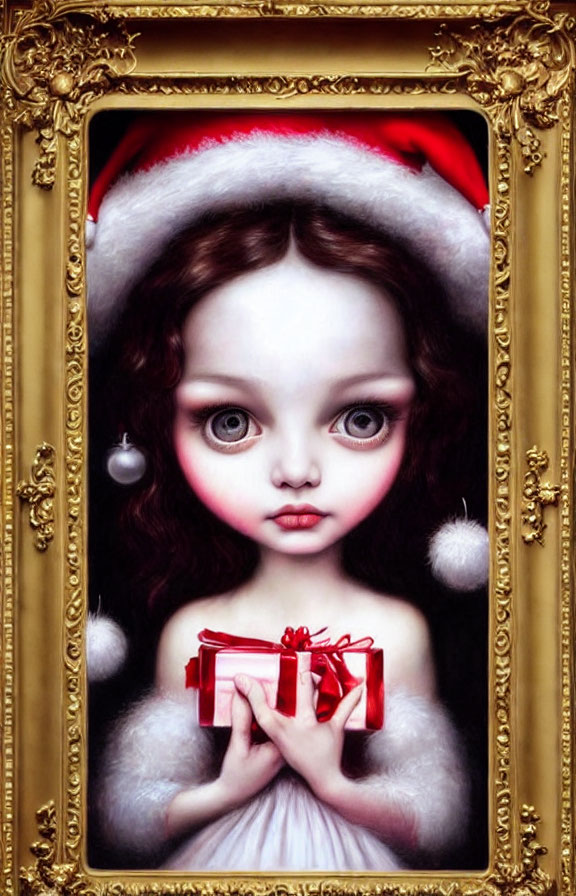 Portrait of Girl in Santa Hat with Large Eyes Holding Red Gift