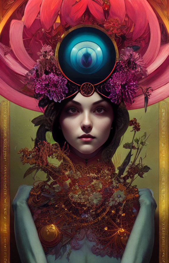 Intricate floral and eye motif adorn surreal woman portrait