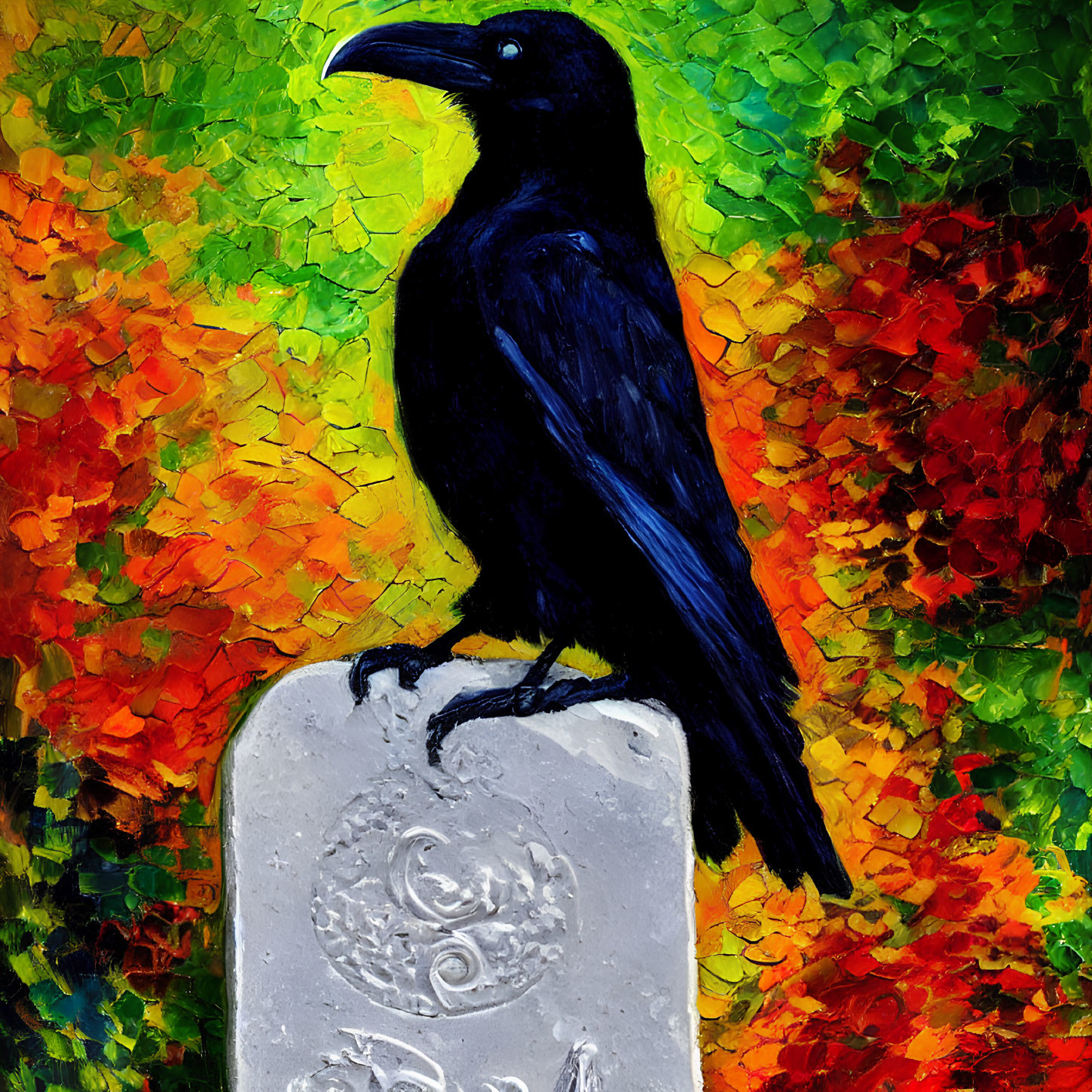 Vibrant raven painting on textured stone with colorful mosaic background