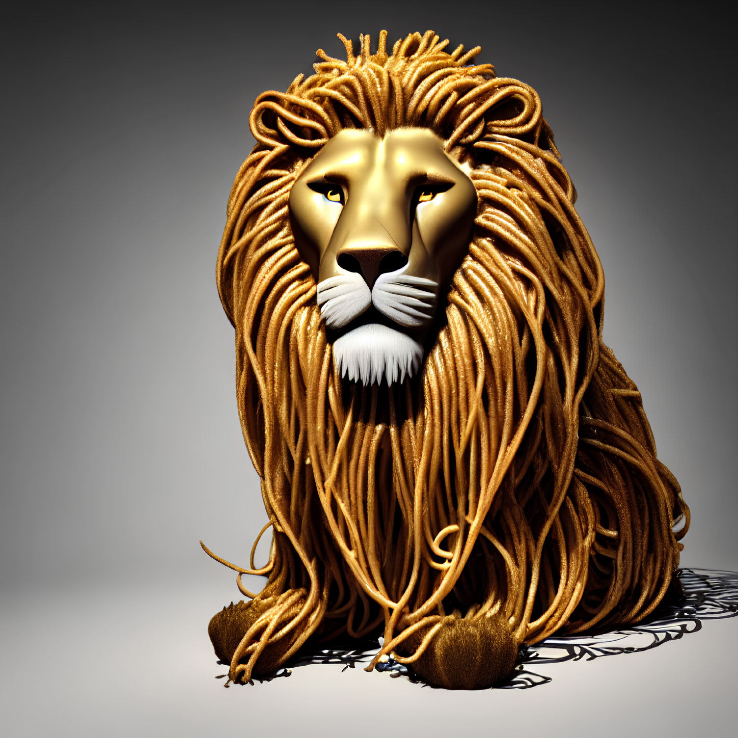 Golden Lion Sculpture with Flowing Mane and Intense Gaze