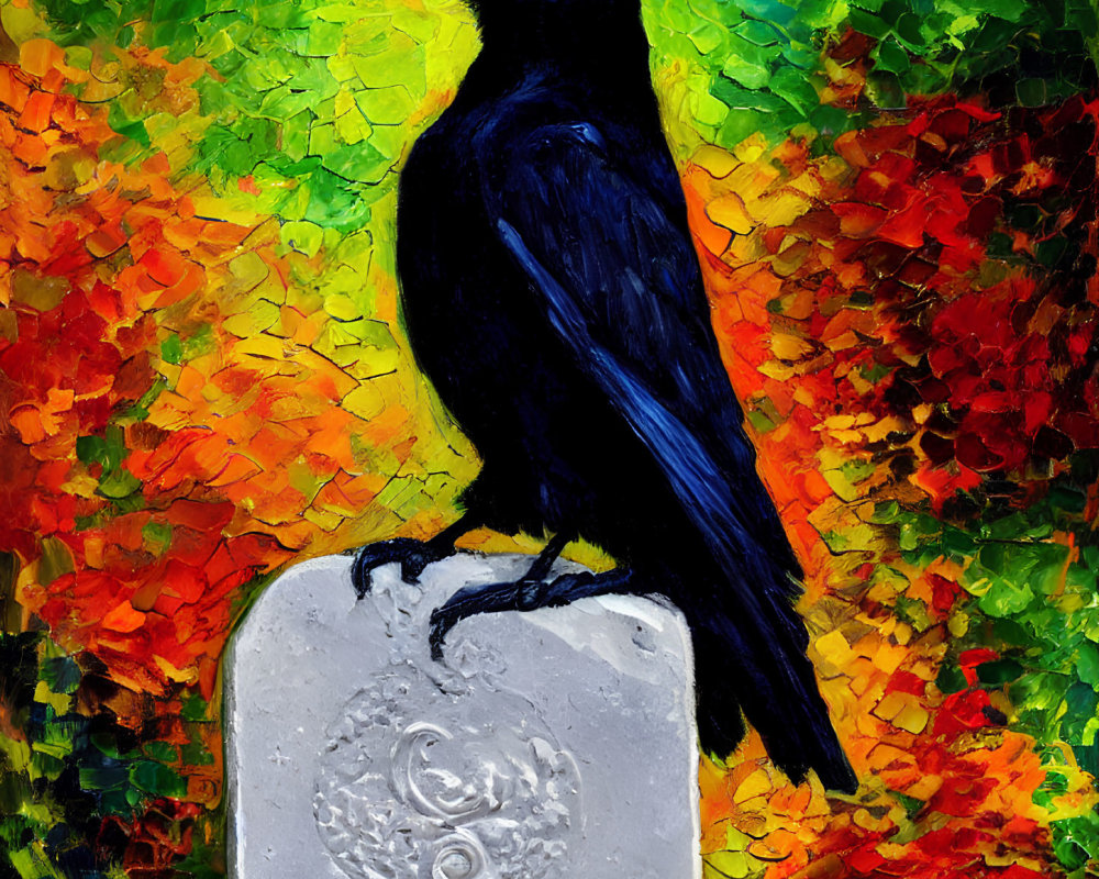 Vibrant raven painting on textured stone with colorful mosaic background