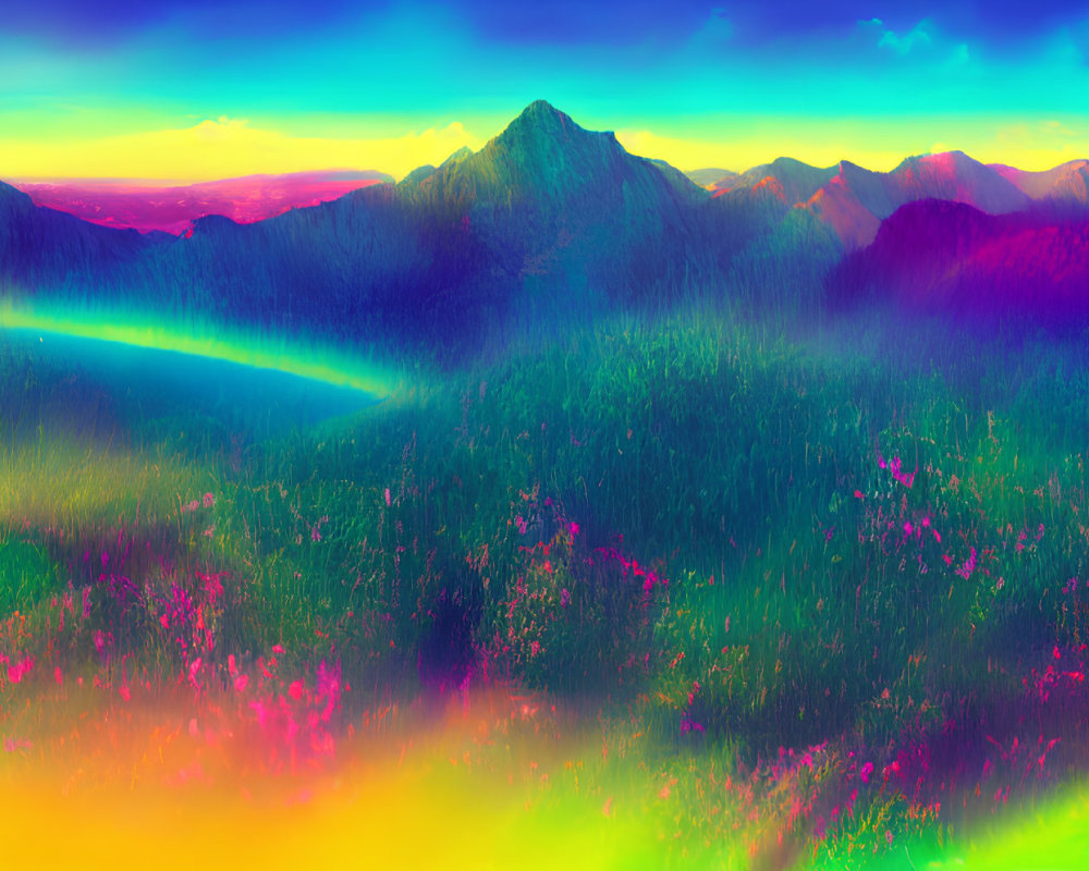 Vivid panoramic mountain range with unnatural colors