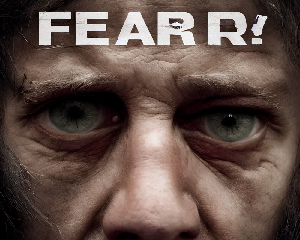 Intense gaze with wrinkled forehead and "FEAR!" in block letters