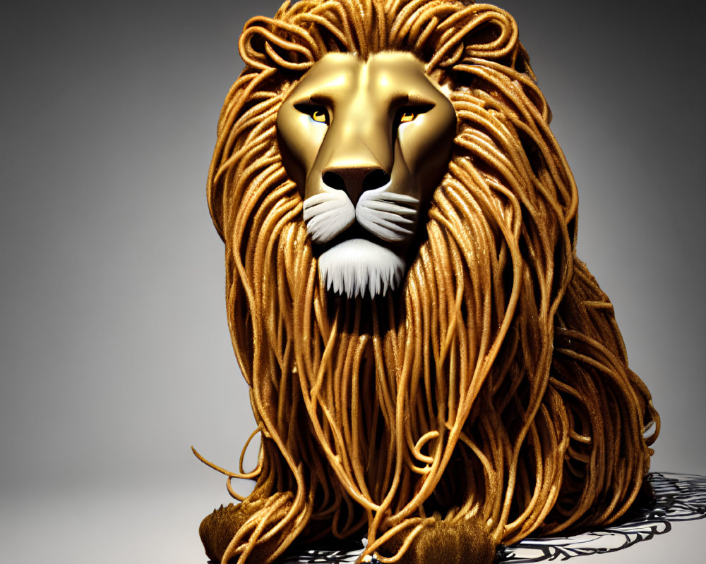 Golden Lion Sculpture with Flowing Mane and Intense Gaze