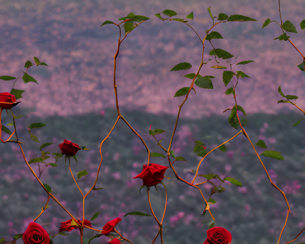 Red Roses on Climbing Stems Against Blurred Forested Hillside