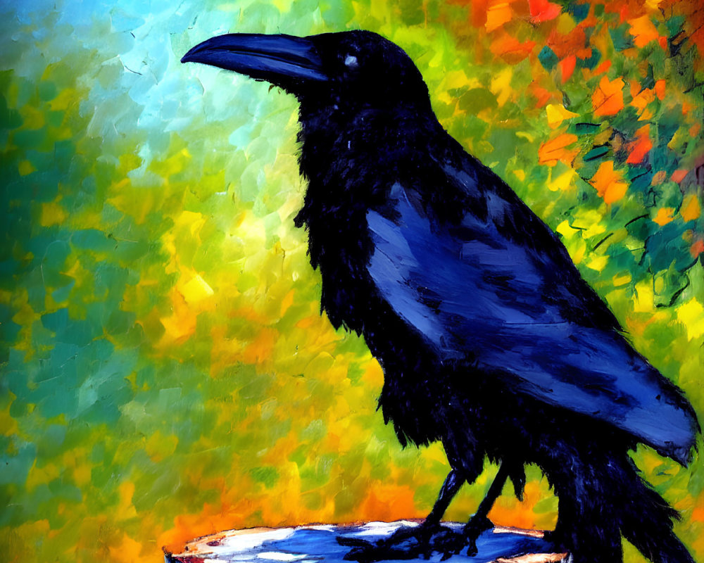 Colorful Impressionistic Painting of Black Crow on Stump