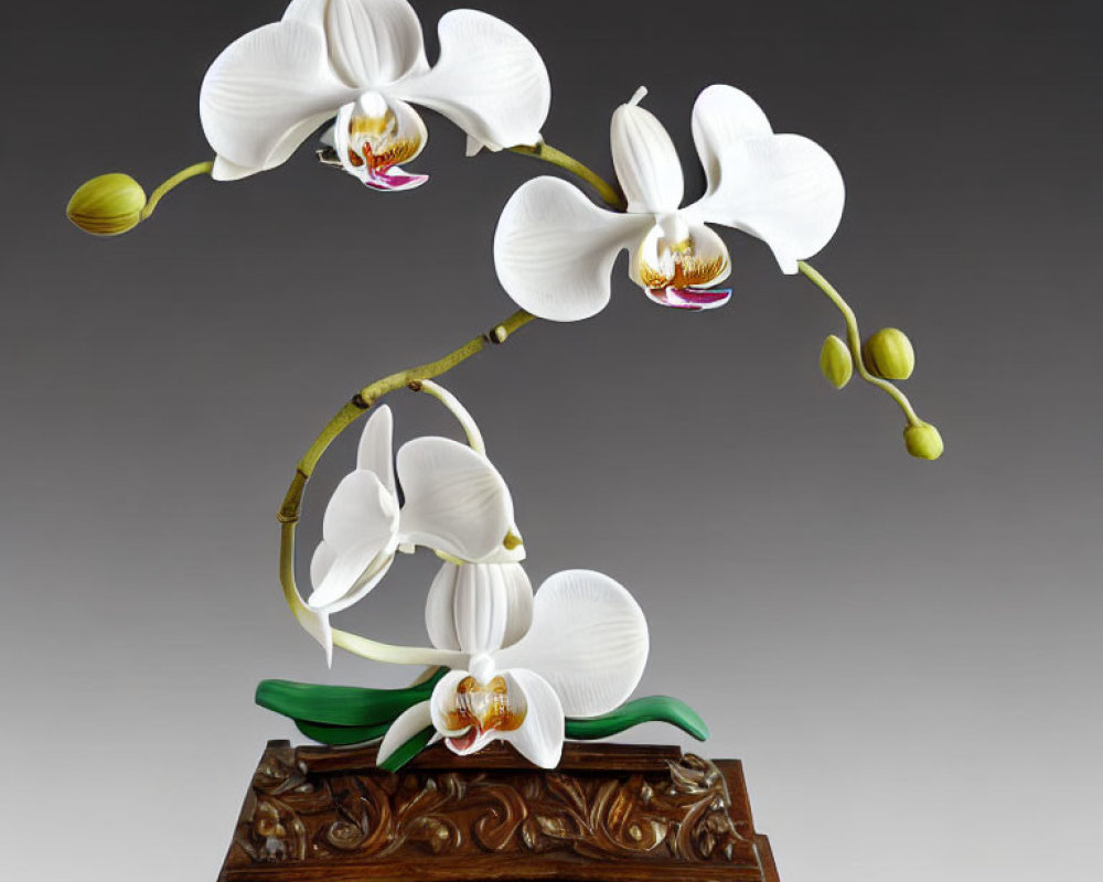 White Orchids Sculpture on Wooden Base with Vibrant Colors and Intricate Designs