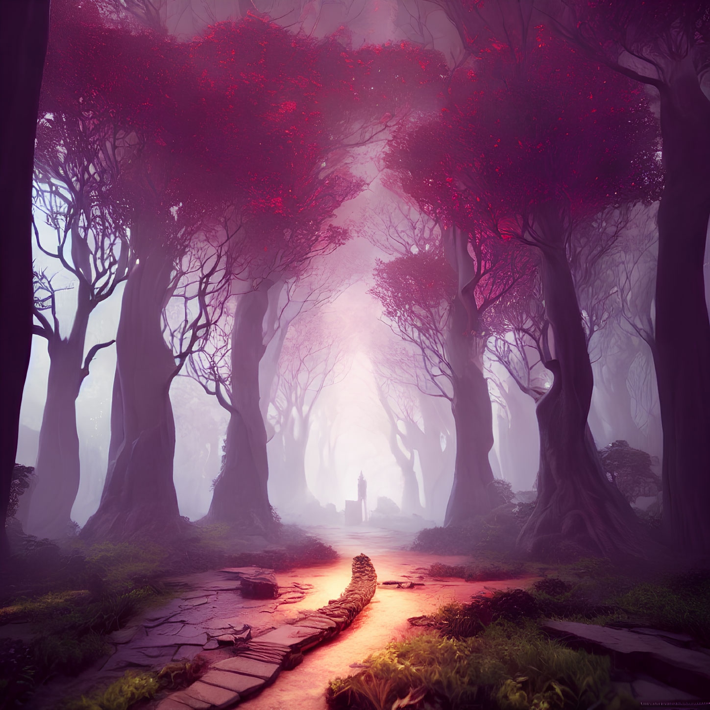 Misty forest with pink foliage, cobblestone path, and mysterious figure.