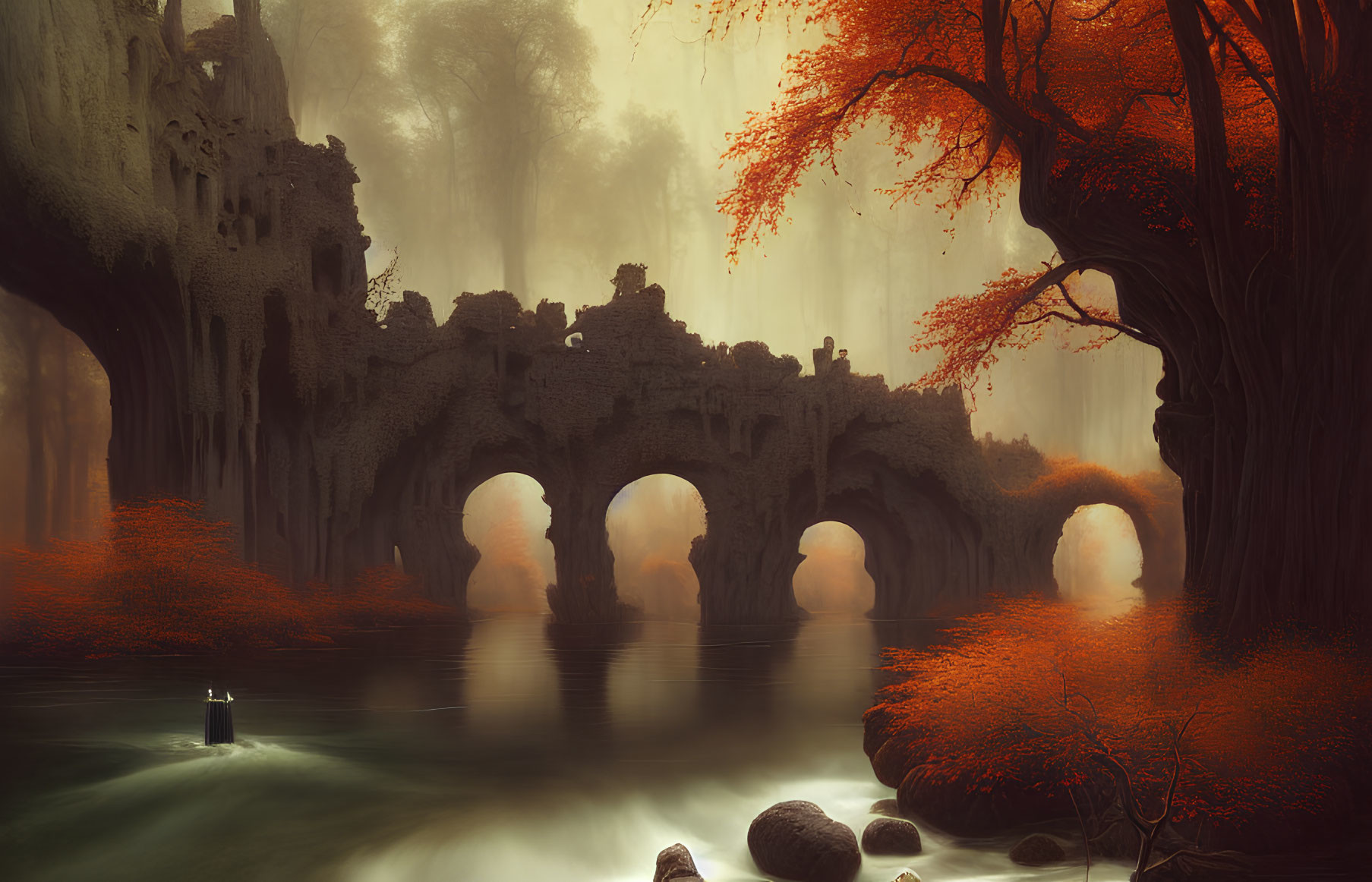Tranquil river under stone arches in misty autumn forest