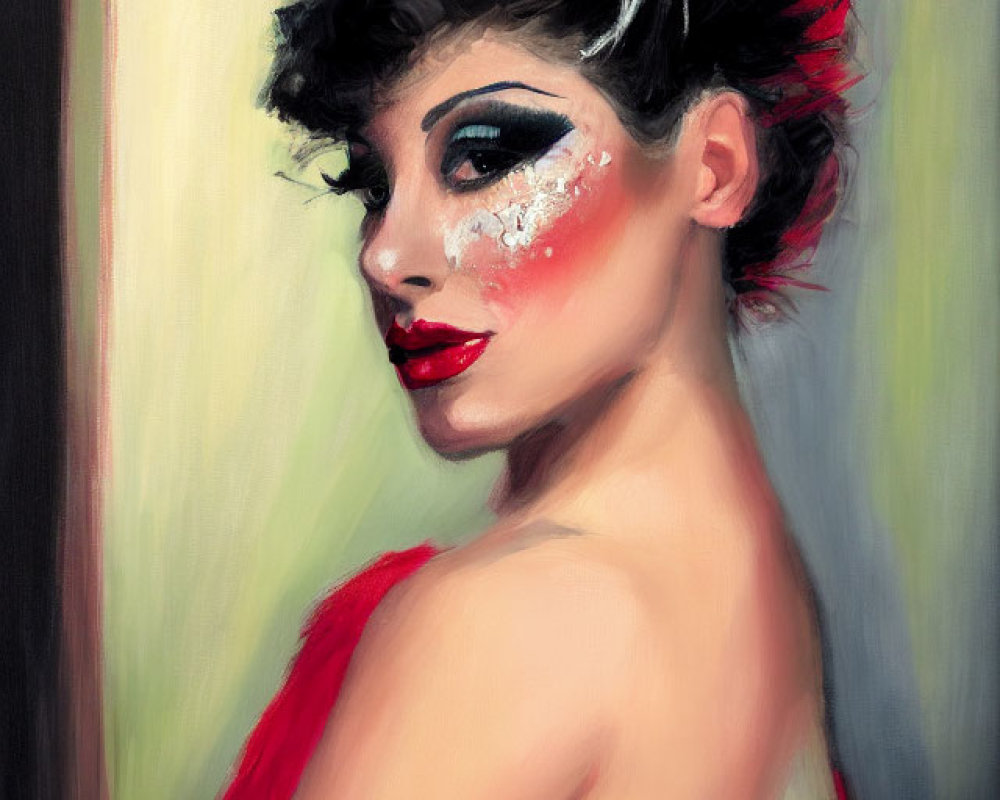 Portrait of woman with dramatic makeup and stylish updo in red accessory against abstract background