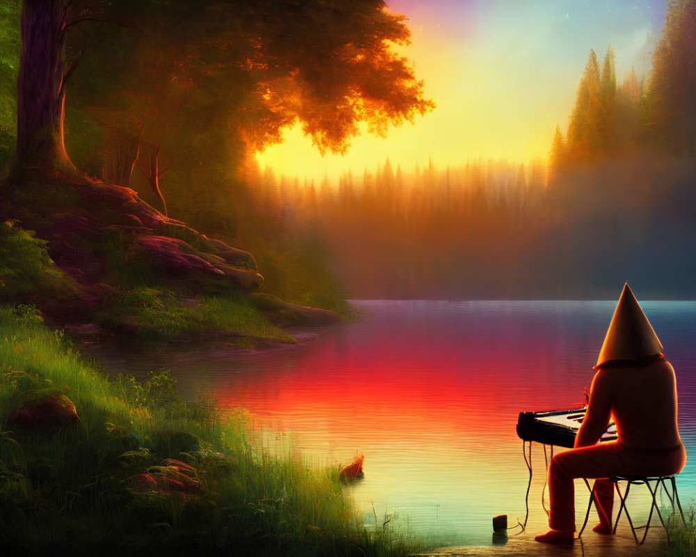 Person in cone-shaped hat plays piano by tranquil lake at sunset