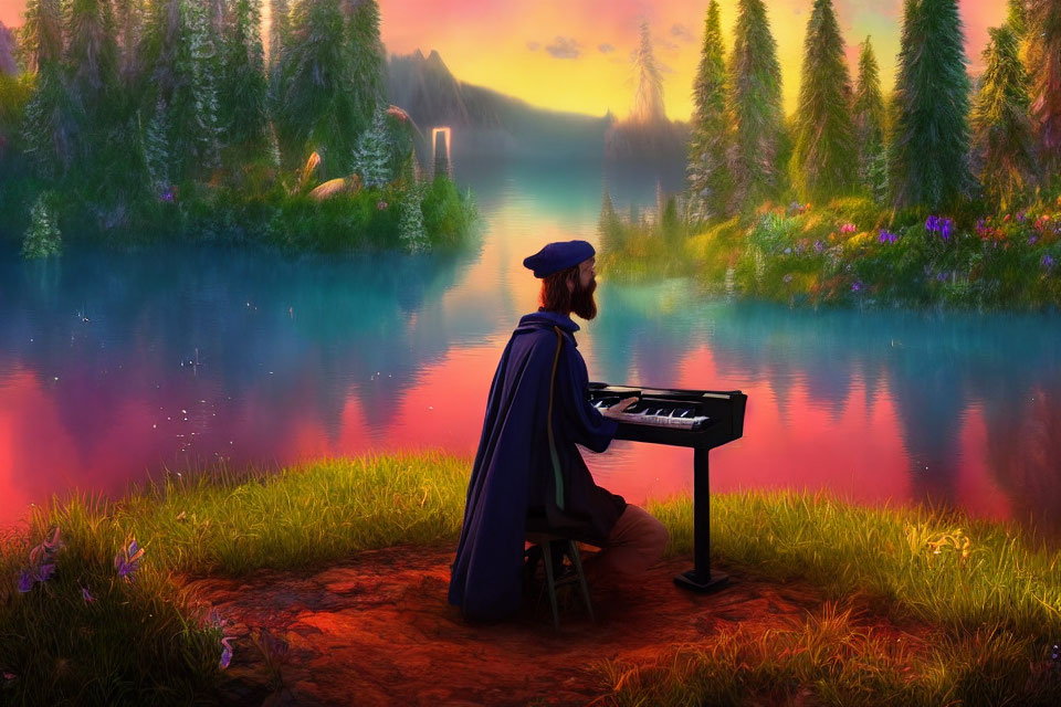 Keyboard player by serene lake at sunset with vibrant colors.