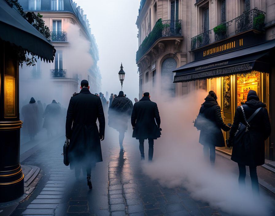 Misty city street with pedestrians and illuminated shopfronts