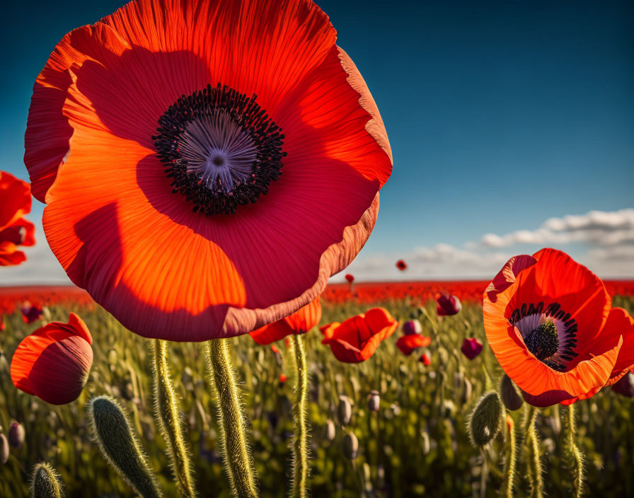 Bright red poppies with dark centers bloom under blue sky