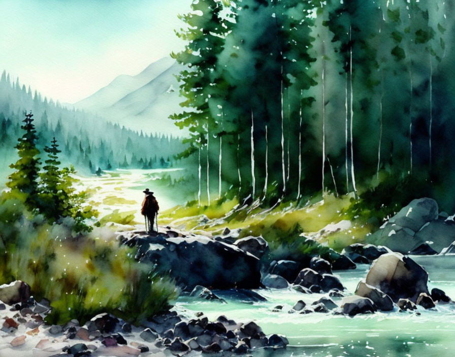 Scenic watercolor painting of figure by mountain stream