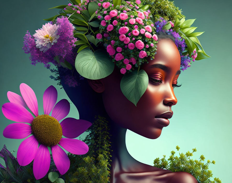 Vibrant floral arrangement on woman's head against teal background
