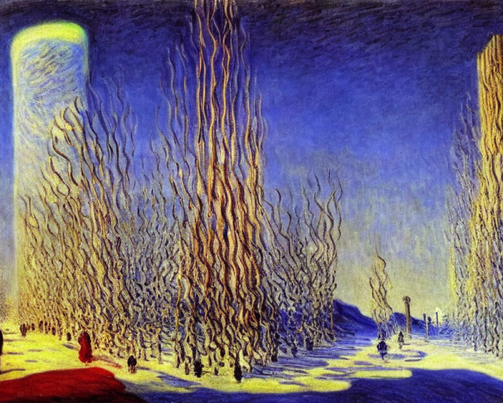 Expressionist Night Scene with Blue Trees and Human Figures