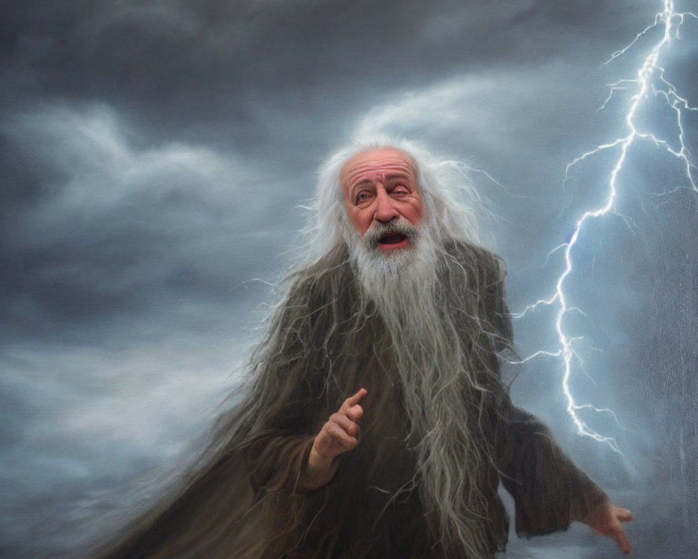 Elderly man with long white beard in robe gazes at stormy sky with lightning