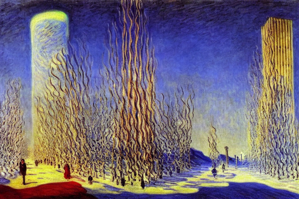 Expressionist Night Scene with Blue Trees and Human Figures
