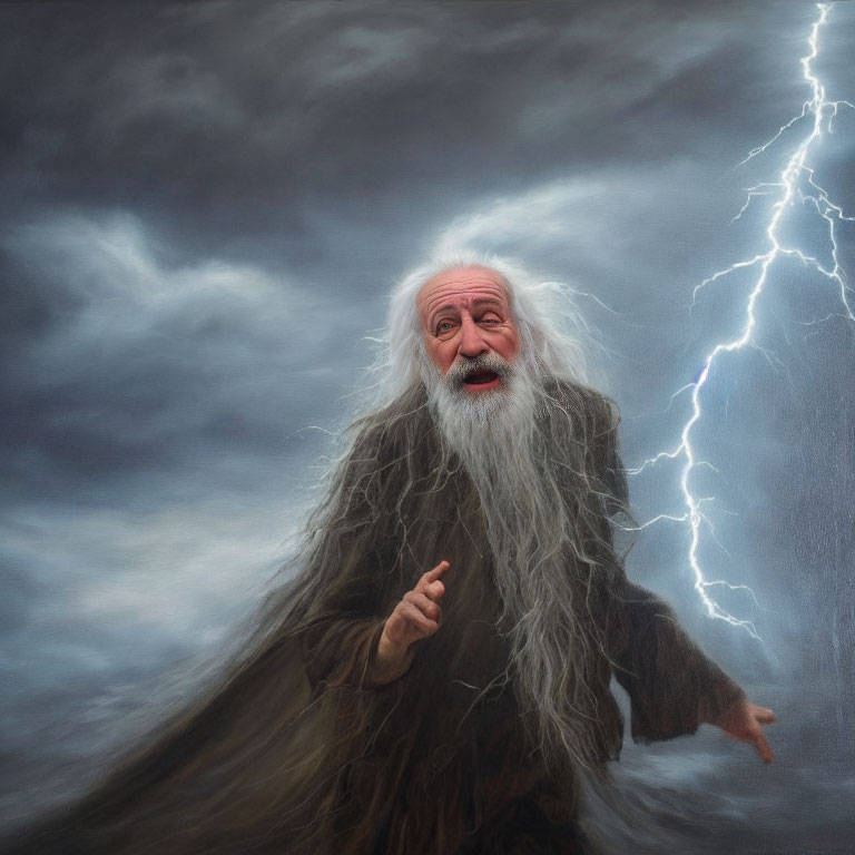 Elderly man with long white beard in robe gazes at stormy sky with lightning