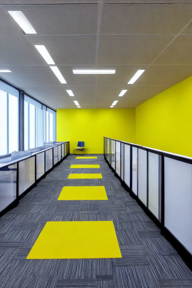 Modern corridor with yellow accent walls, matching floor markings, bright lighting, windows, and a blue chair