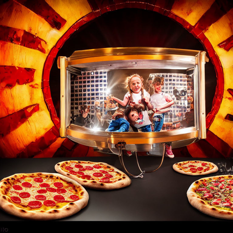 Three Children Watching Pizzas in Spinning Oven
