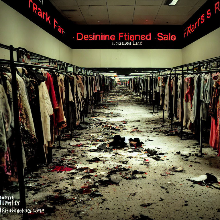 Desolate Clothing Store with Scattered Garments and Faded Sale Signs