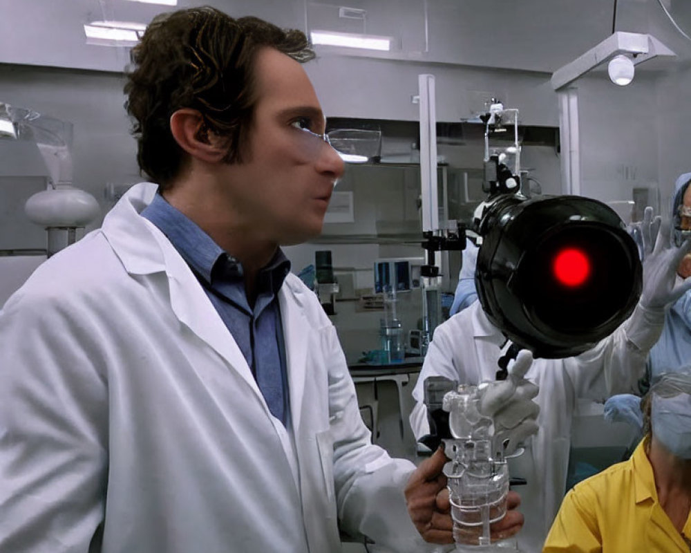 Lab coat person observes red-light device in laboratory with colleagues