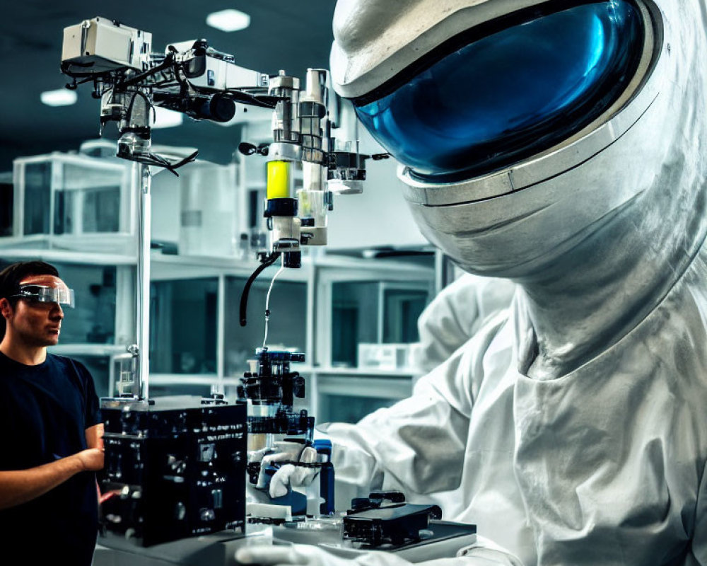 Person in Cleanroom Suit Works on Intricate Machinery in Advanced Laboratory